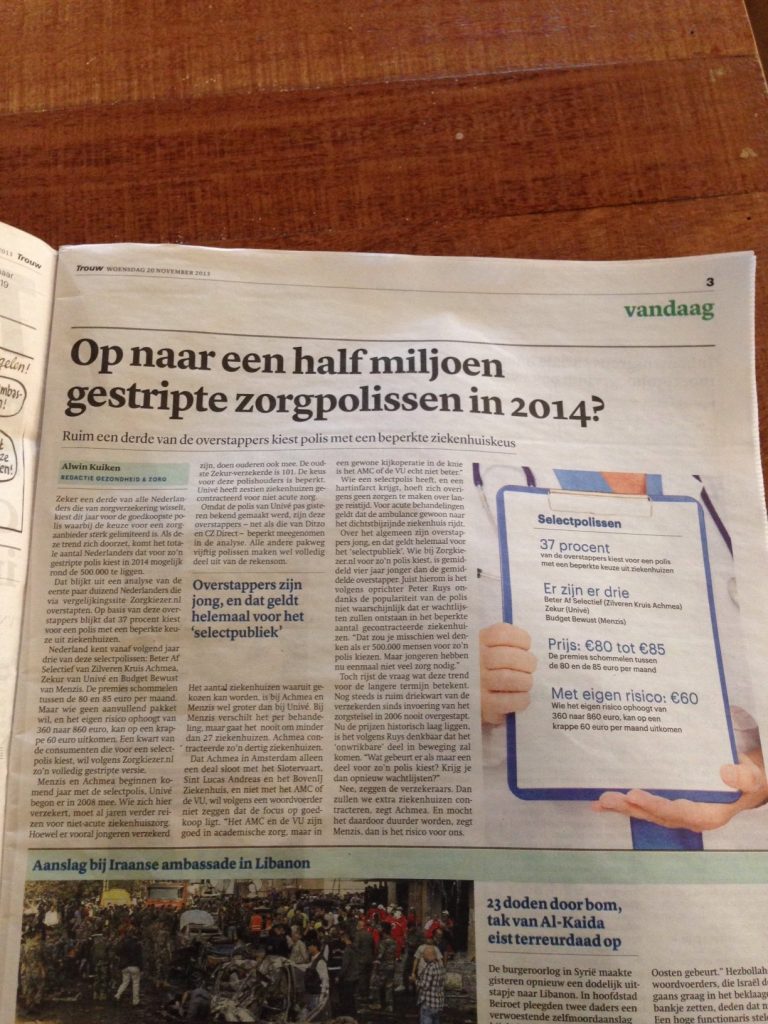 ZorgKiezer.nl in Trouw, gestripte zorgverzekering 2014